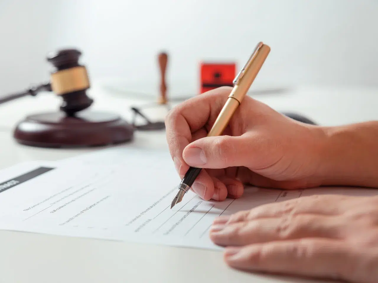 A person signs a document with a fountain pen on a desk. A judge’s gavel, a wax seal stamp, and a red ink pad are visible in the background, suggesting a legal or official setting.