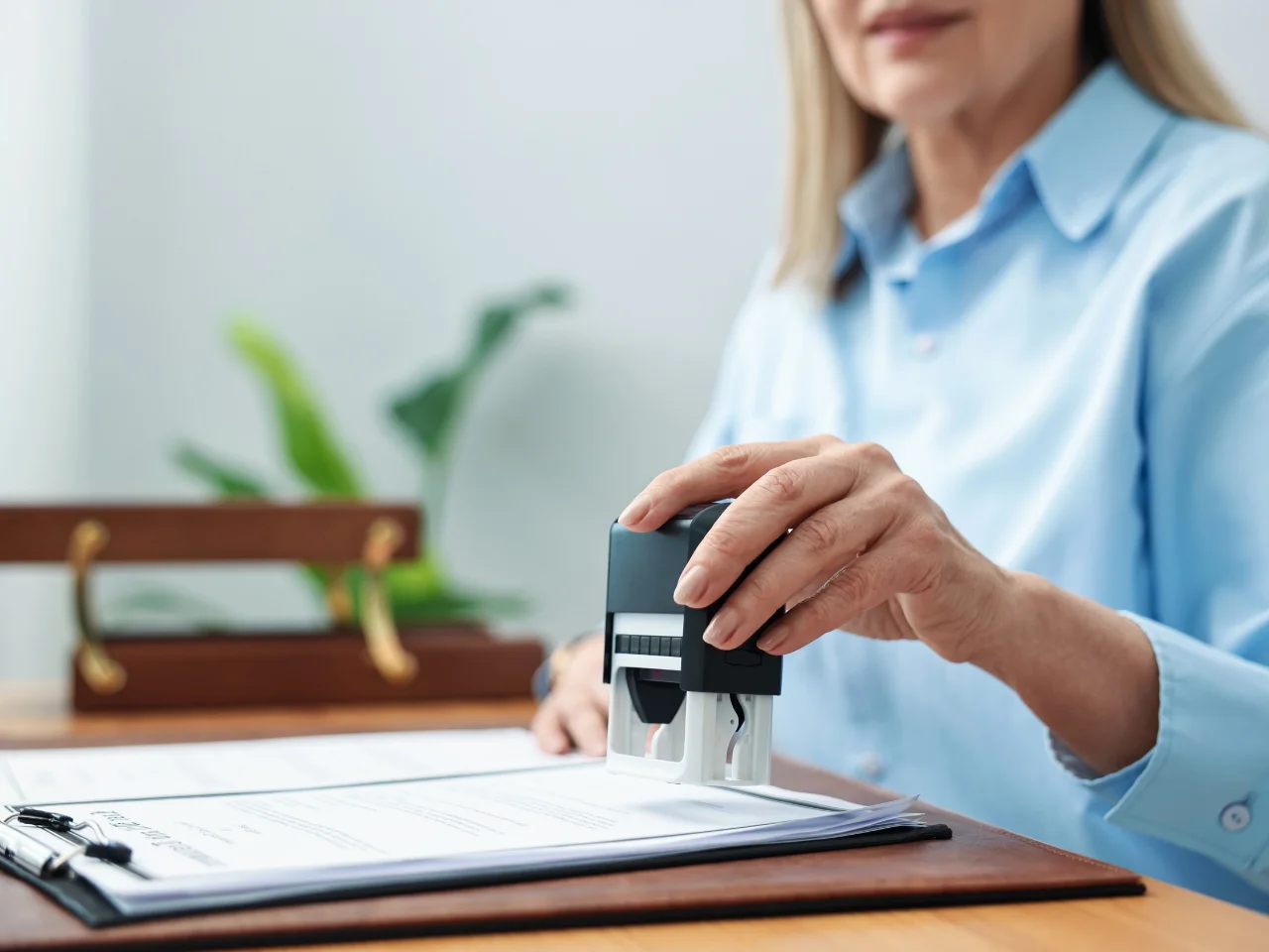 A woman in a light blue shirt stamps a document on a clipboard at a desk, with a briefcase and green plant visible in the background.