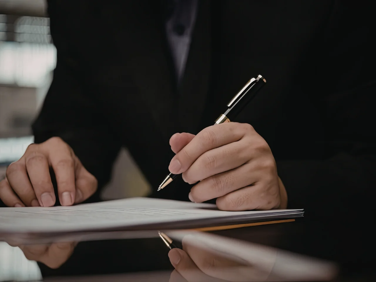 Close-up of a person in a dark suit holding a pen and writing on a document, with only their hands and part of the paper visible. The scene suggests signing or filling out important paperwork.