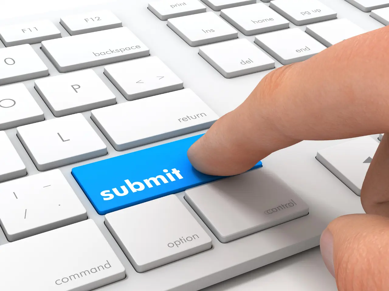 A close-up of a hand pressing a blue submit key on a white computer keyboard. The key stands out among the standard white keys, drawing attention to the action of submitting information online.