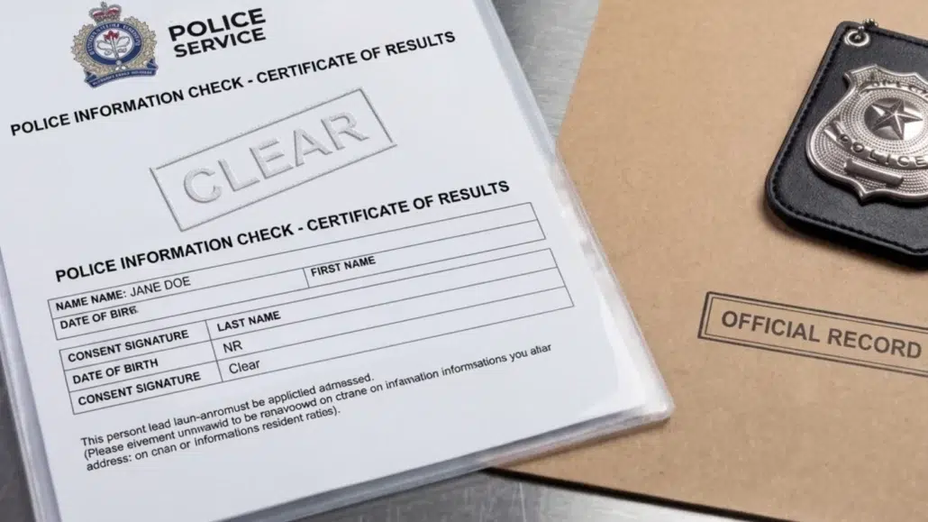 A police information check certificate stamped CLEAR, a badge in a holder, and an envelope labeled OFFICIAL RECORD are displayed on a table. The certificate form is partially filled with sample details.