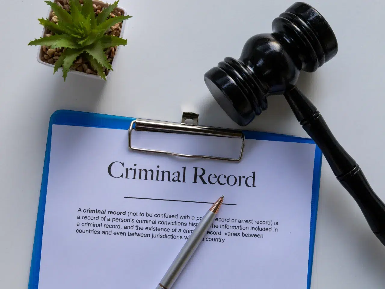 A clipboard with a paper titled Criminal Record, a pen, a judge’s gavel, and a small potted succulent plant are arranged on a white surface.