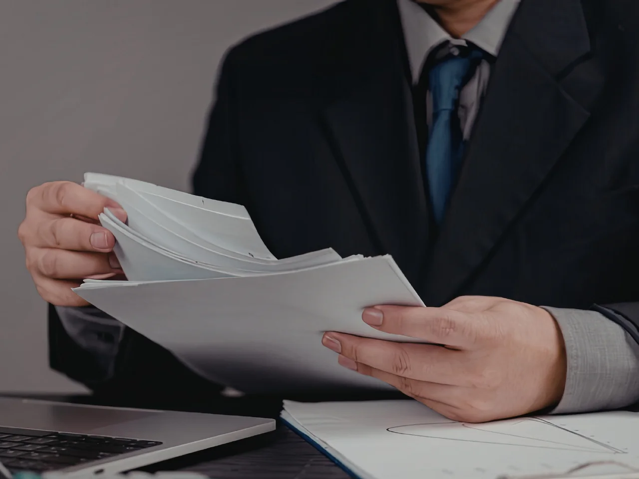 A person in a business suit sits at a desk, reviewing a stack of documents with a laptop and more papers nearby.