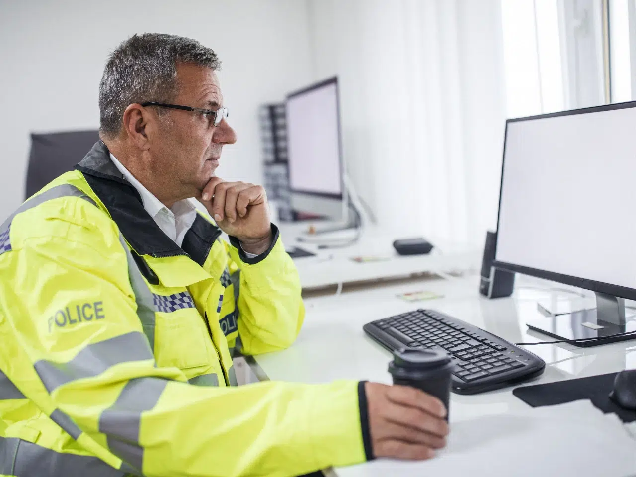A man wearing a high-visibility police jacket sits at a desk, looking at a computer monitor while holding a coffee cup in his hand. There are office supplies and another monitor on the desk.