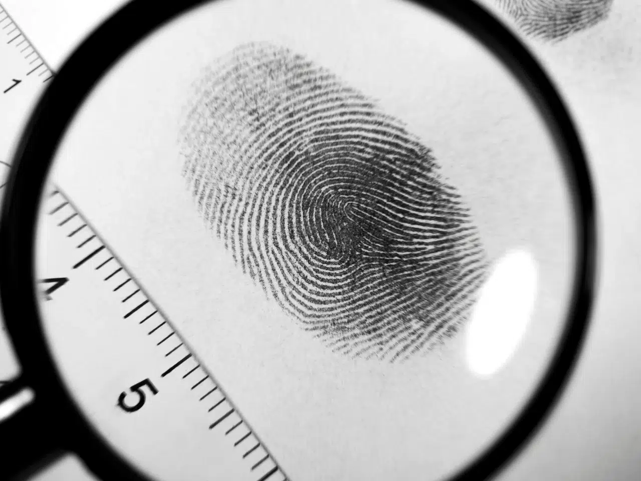 A magnifying glass enlarges a black fingerprint on white paper, with part of a ruler visible on the left side for scale.