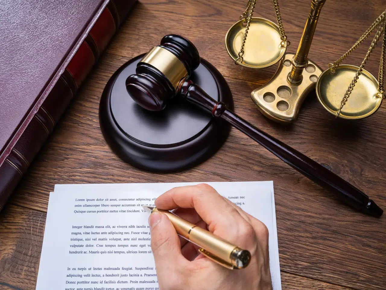 A hand holds a pen over a document on a desk, with a wooden gavel, a closed law book, and brass scales of justice nearby, symbolizing legal work or decision-making.
