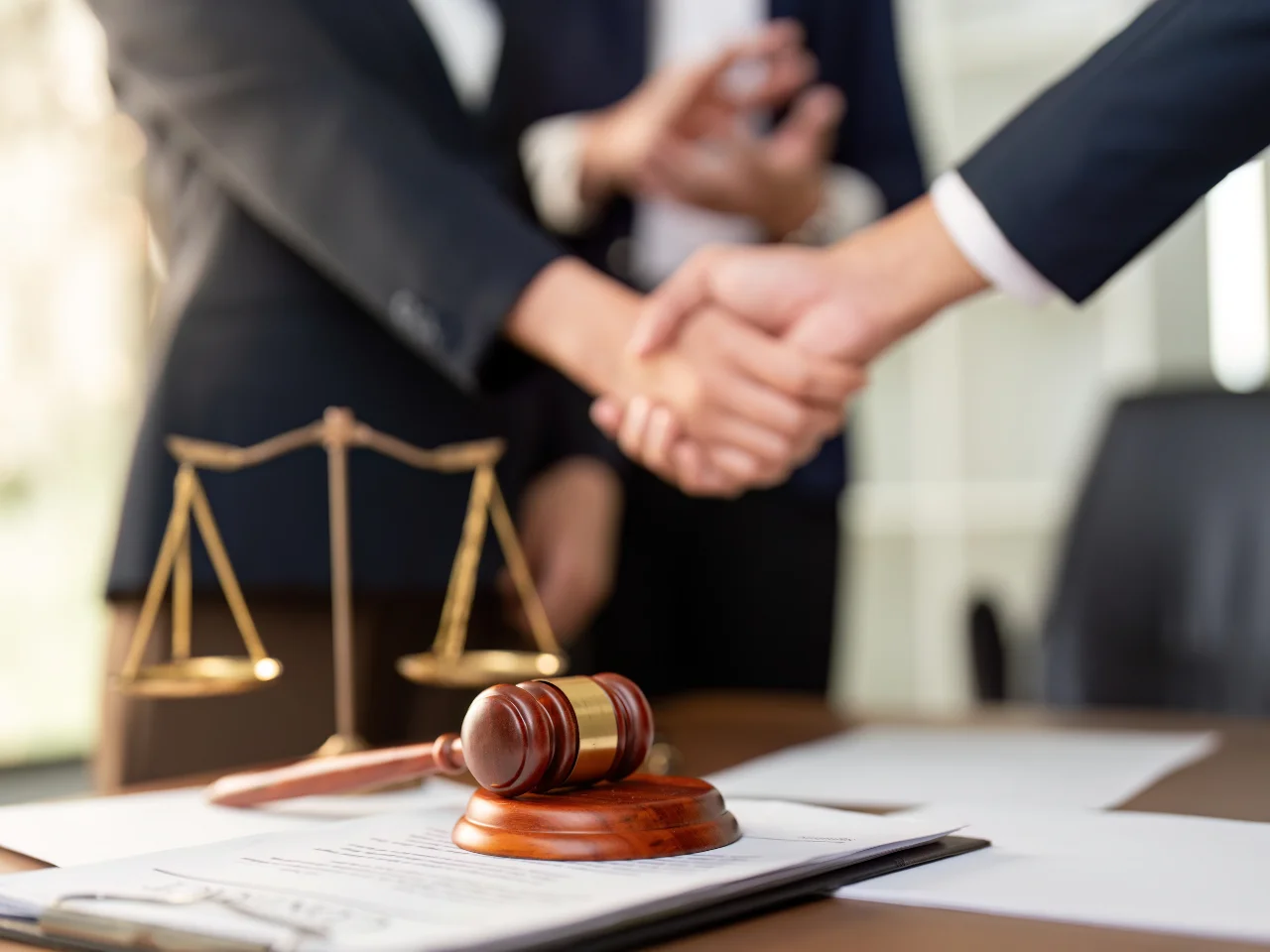 Two people in business attire shake hands across a desk with a gavel, legal documents, and a scales of justice, suggesting a legal agreement or settlement. A third person stands in the background, partially visible.