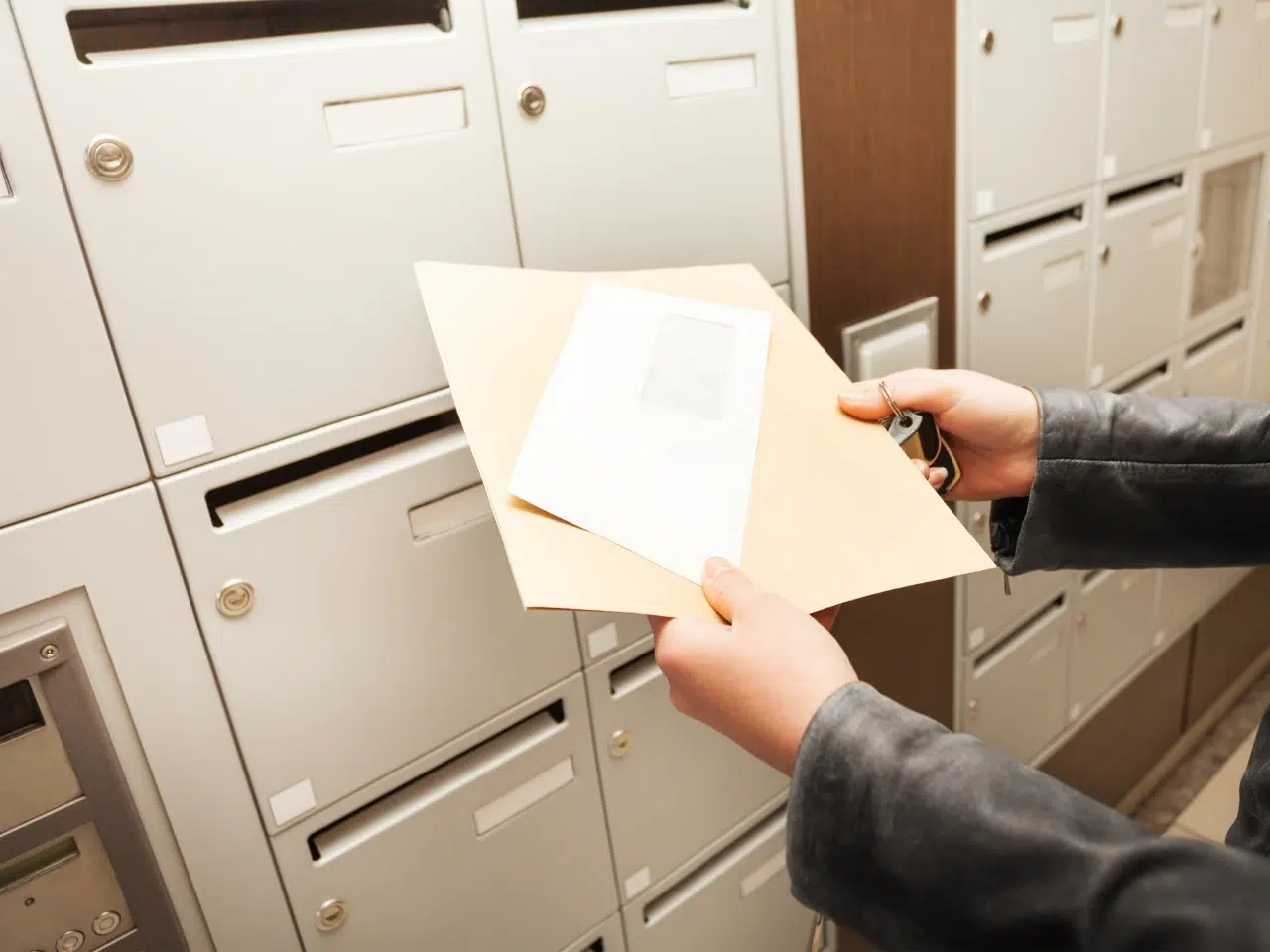 A person holding two envelopes and keys stands in front of a wall of mailboxes, preparing to open a mailbox and collect or deposit mail.