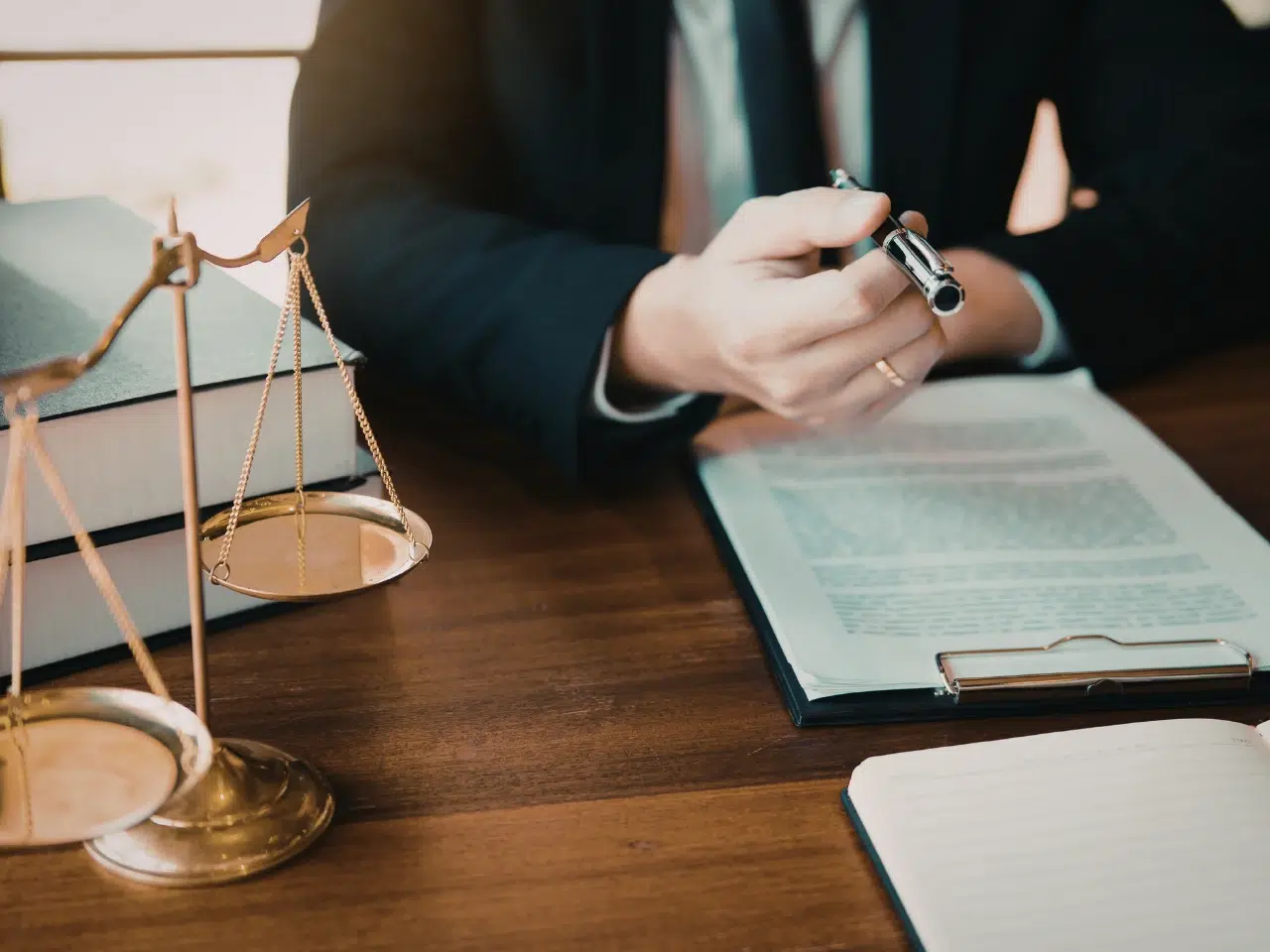 A person in a suit sits at a desk holding a pen, with legal documents, a clipboard, a notebook, stacked books, and a brass balance scale on the wooden surface.