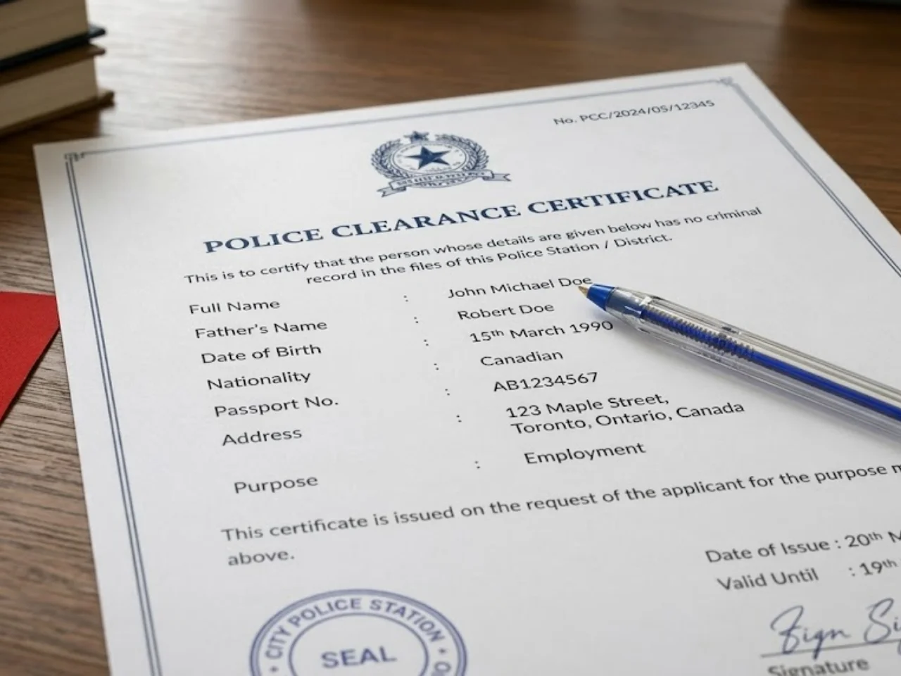 A close-up of a police clearance certificate on a wooden table, partially covered by a blue pen. The certificate displays personal details such as name, nationality, address, and is stamped with an official seal.