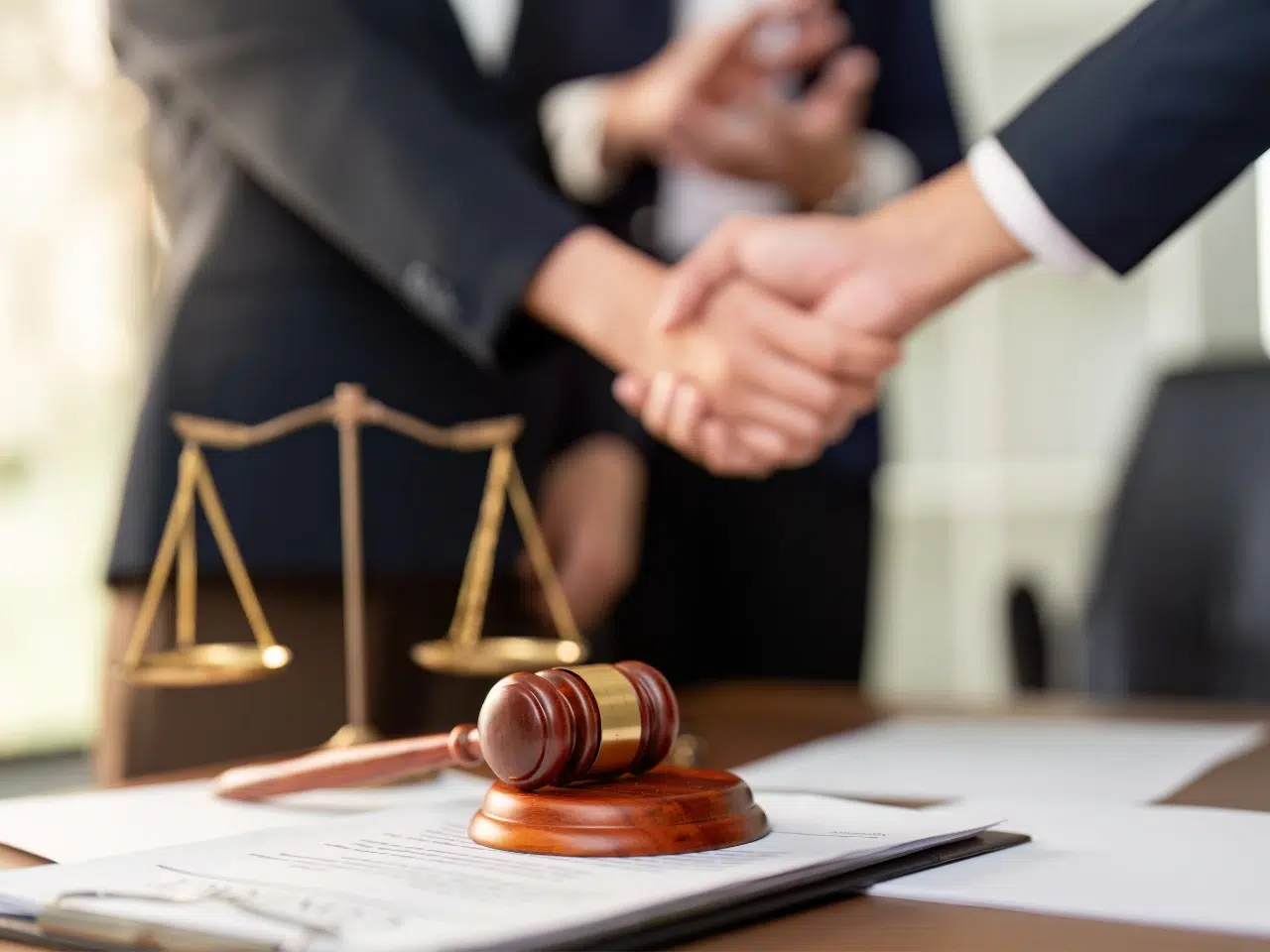 Two people in business attire shake hands in an office, with a gavel, a balance scale, and legal documents on the desk in the foreground, symbolizing a legal agreement or settlement.