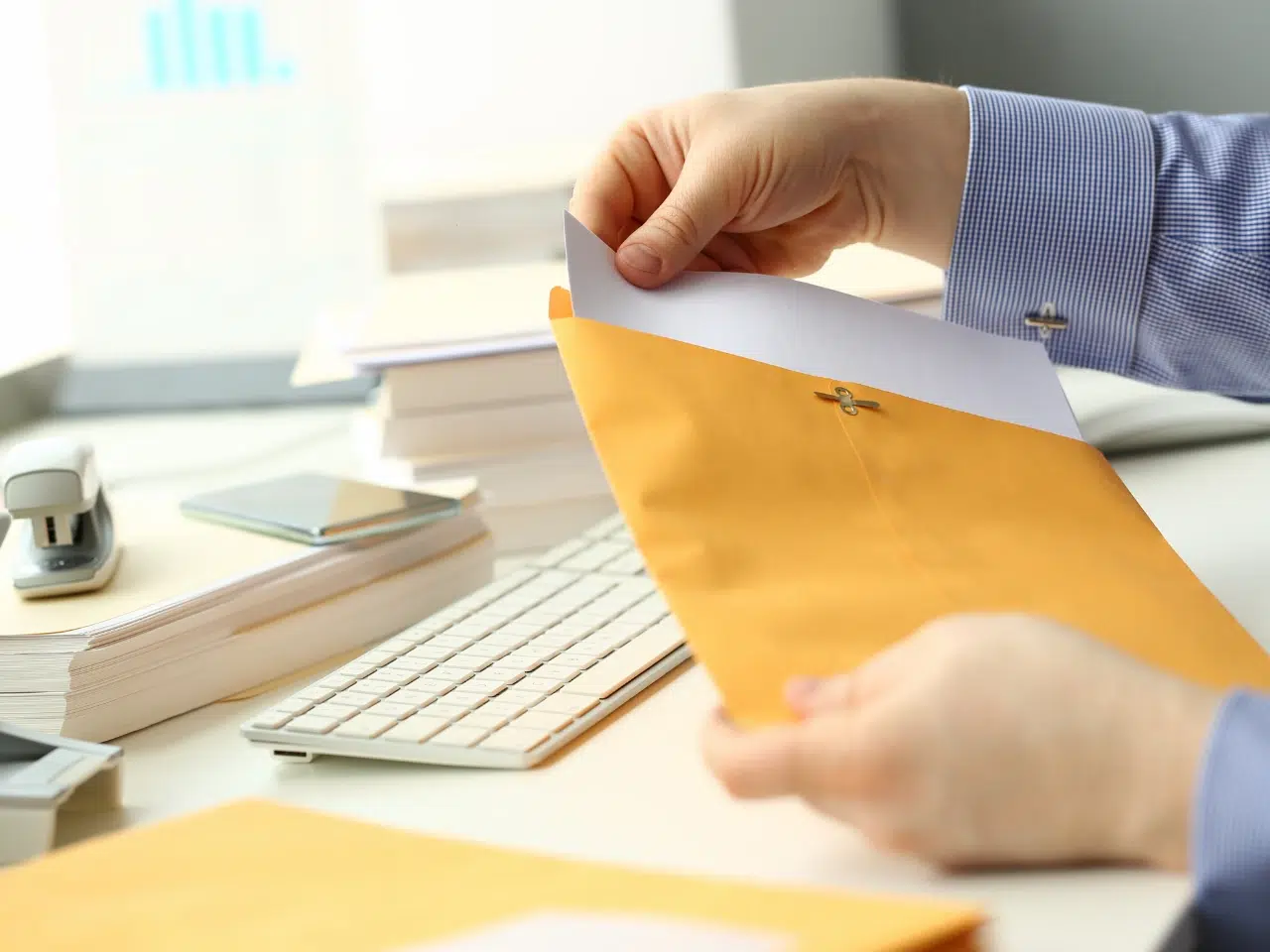 A person in a blue shirt inserts a white document into a large yellow envelope at a desk, with a keyboard, phone, papers, and office supplies visible in the background.