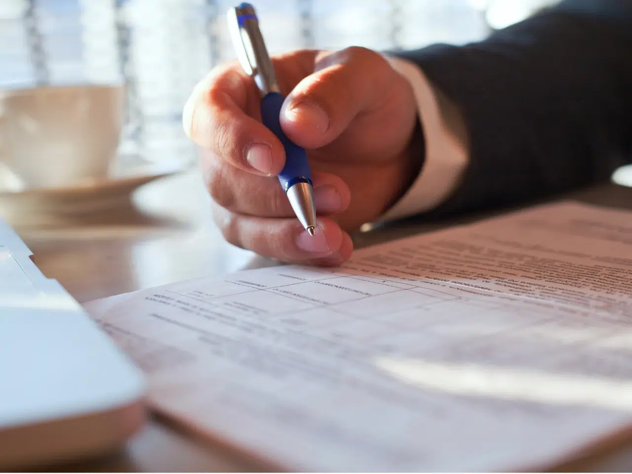 A person in a suit holds a blue pen and fills out a form or document on a desk, with a cup and a laptop partially visible in the background.