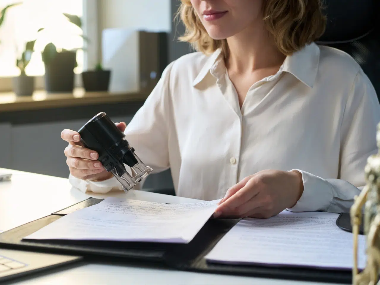 A woman in a white blouse sits at a desk, stamping documents with a black stamp. She is working in a well-lit office with paperwork and folders in front of her.