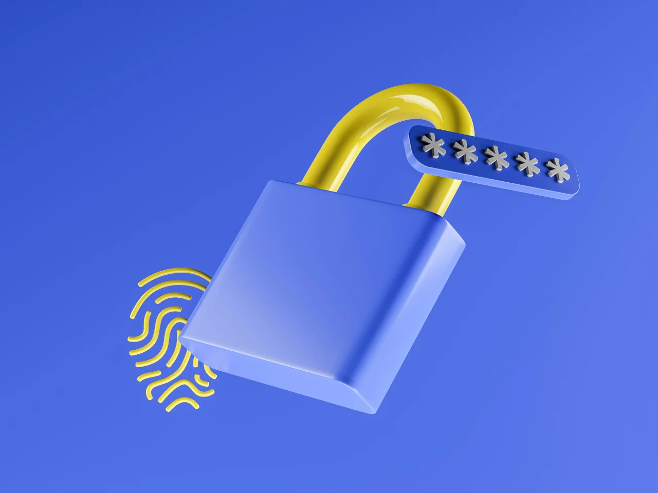A blue and yellow padlock is open, with a fingerprint and a password strip (showing asterisks) on a blue background, symbolizing digital security.