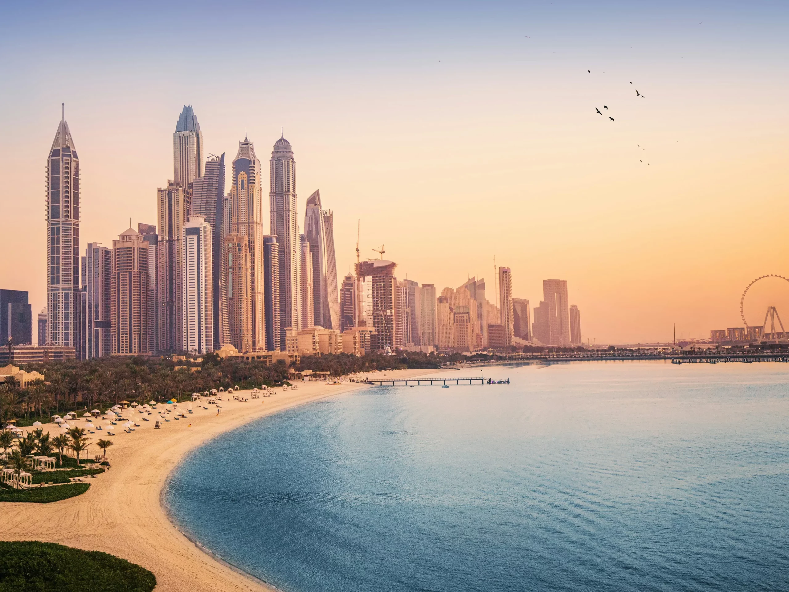 A curved sandy beach lines calm blue water with a city skyline of tall modern skyscrapers at sunset; a ferris wheel and birds are visible in the distance.